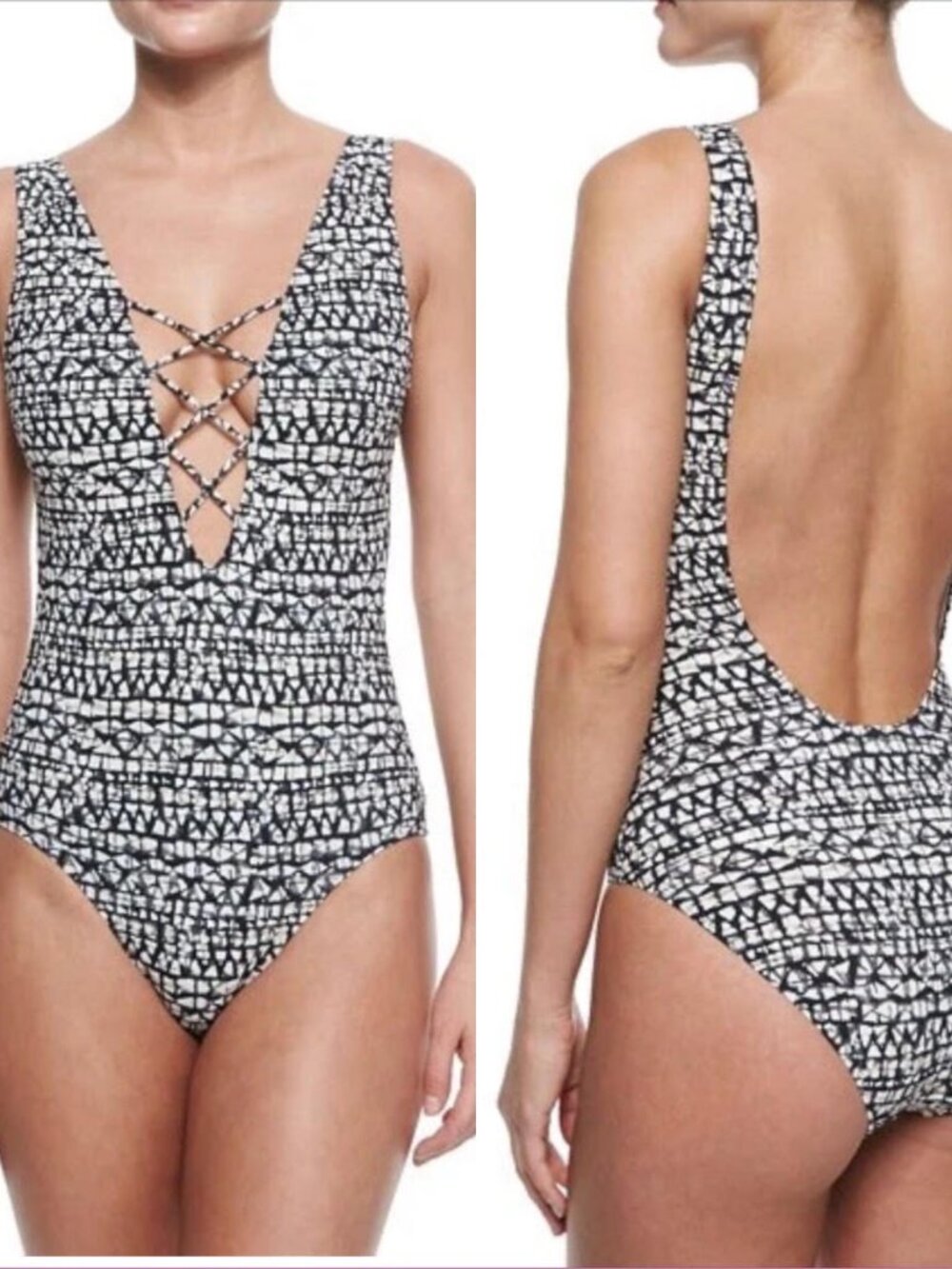 Tory Burch One Piece Swimsuit S/P Womans Black & White Tribal Geo Lace Up Front